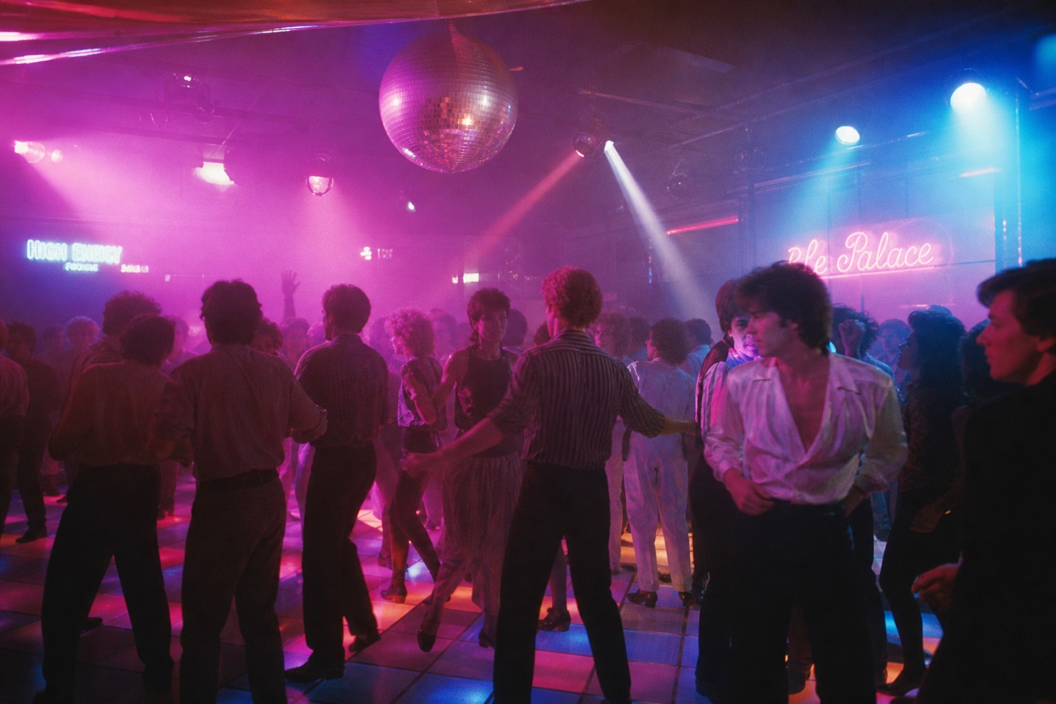 Piste de danse de boîte de nuit française en 1985, boule à facettes, lumières roses et cyan, silhouettes dansantes