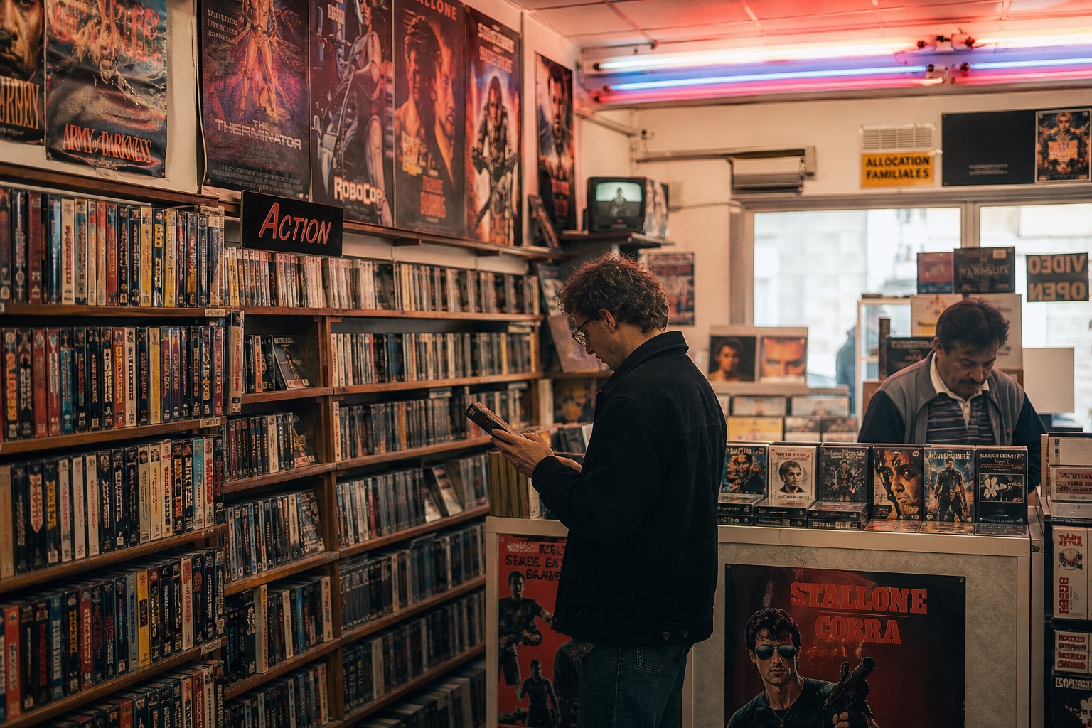 Intérieur de vidéo-club de quartier un samedi soir, étagères de cassettes VHS aux tranches colorées, néon au plafond
