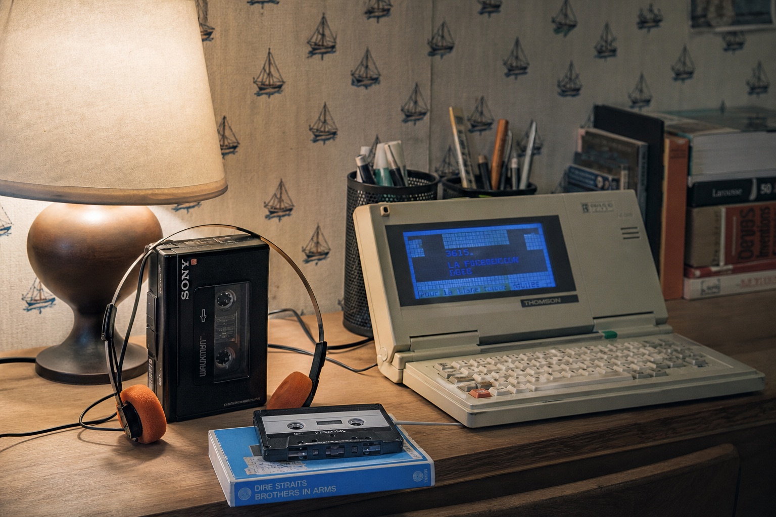 Baladeur à cassettes avec casque orange et terminal Minitel beige à clavier rabattable sur un bureau de chambre d'adolescent